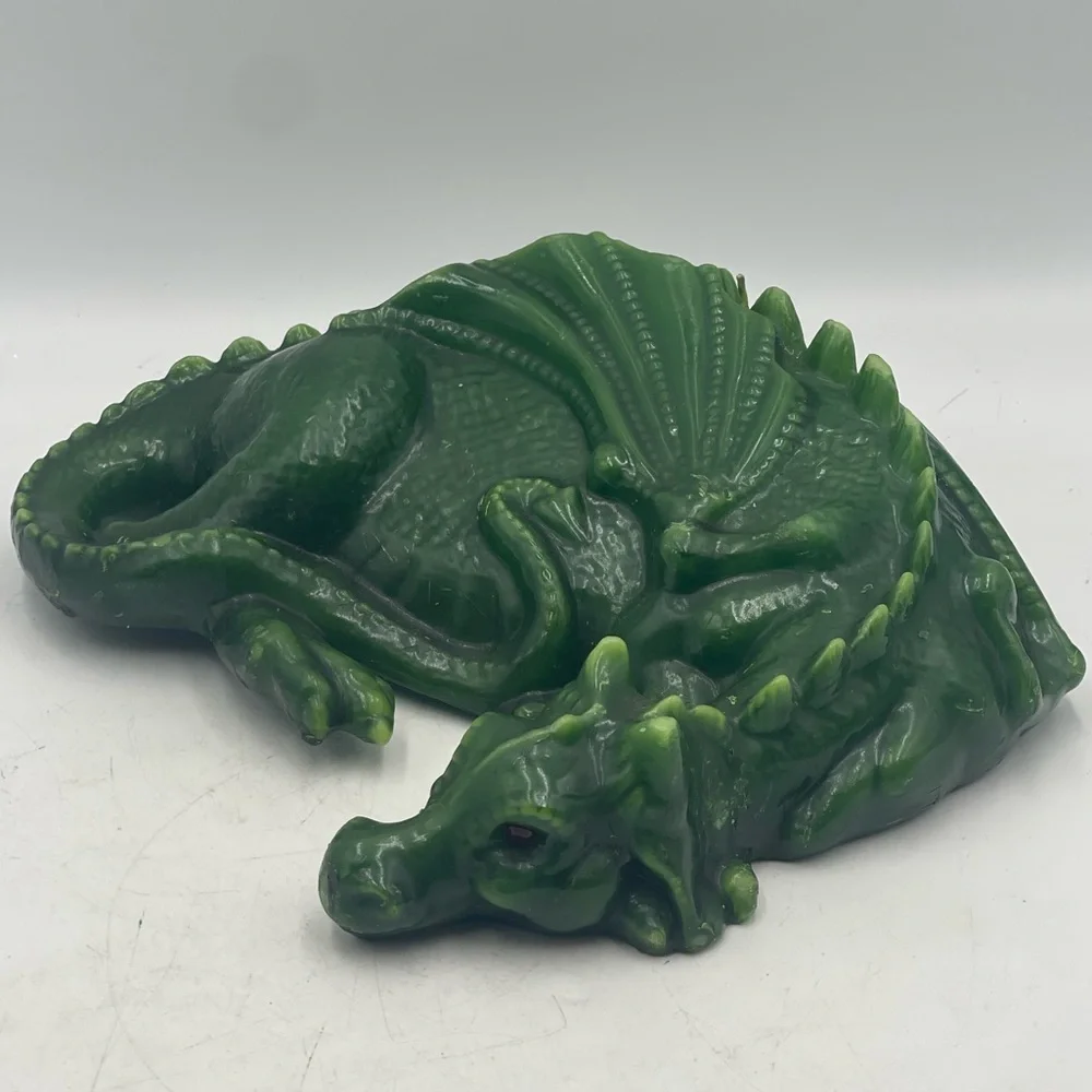 Vintage Unburnt Wax Candle Mythical Green Dragon Shaped Reptile w/Red Glass Eyes